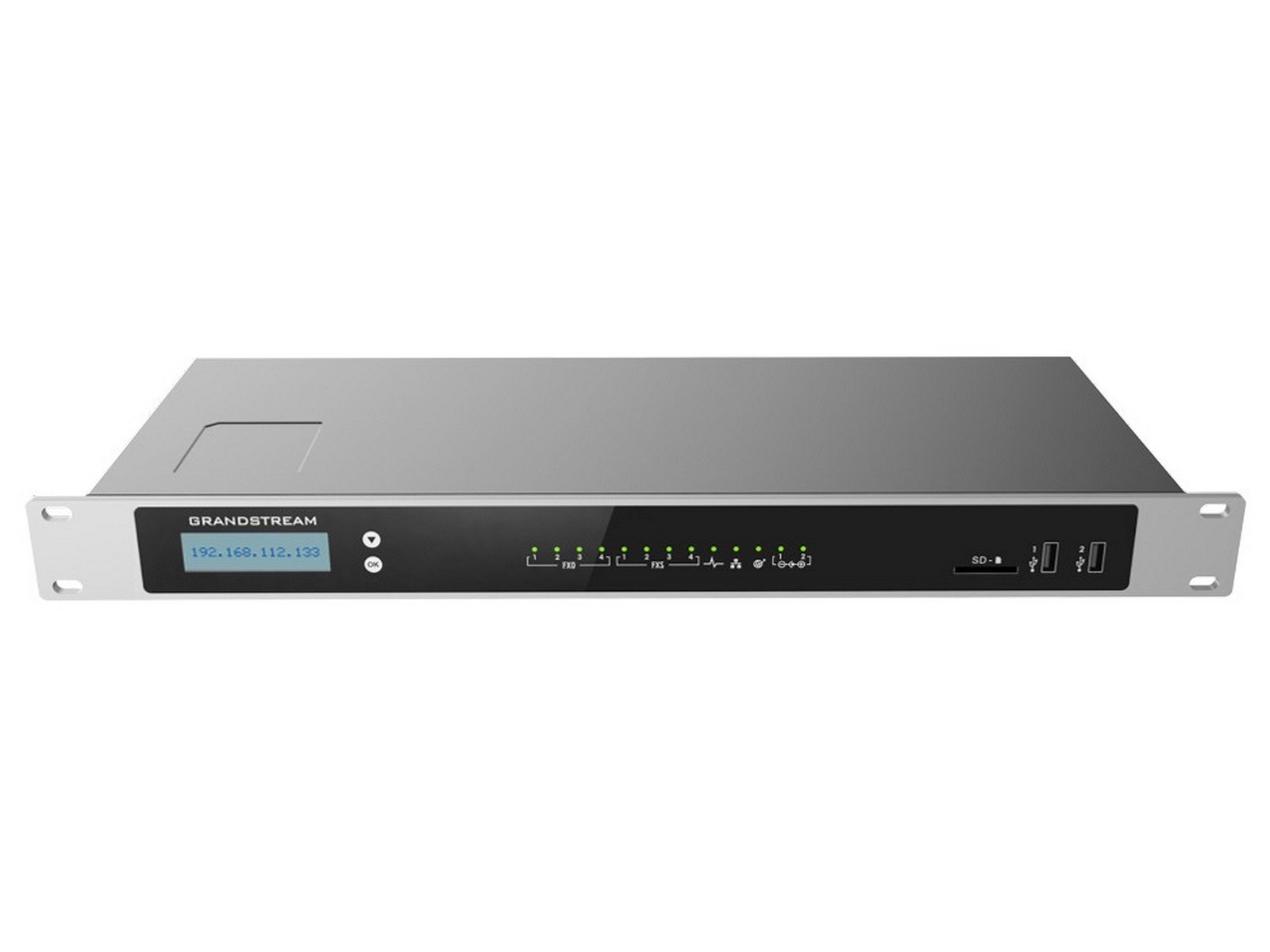 Centrala telefonica Grandstream UCM6308A, 1500 utilizatori, 8 porturi RJ11, 2 intrari USB, slot card SD, 3 porturi Gb POE