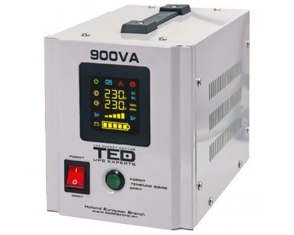 UPS de 500W 900VA cu unda sinusoidala pura, compatibil cu 2 baterii de 12V, pentru centrale termice, TED, TED000361